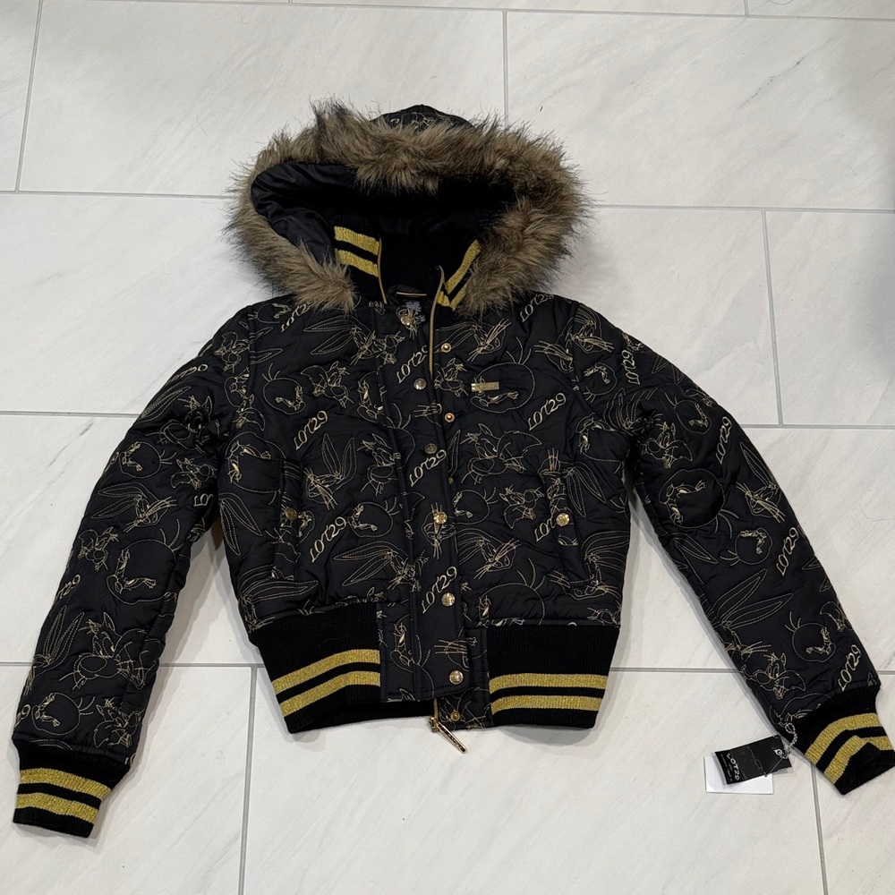 LOT29 Loony Toons Stylish Black and Gold Puffer Jacket with Fur Hood